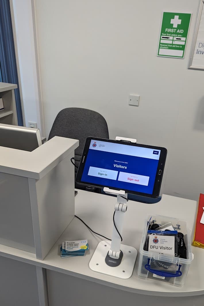 A picture of my app running on a tablet at the reception desk.